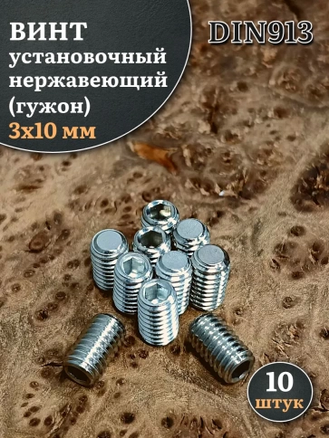 Винт установочный нержавеющий М3х10 DIN913 (гужон), 10 шт. фото 1