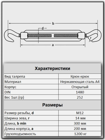 Талреп крюк-крюк нержавеющий А4 М12 DIN1480, 6 шт. фото 2