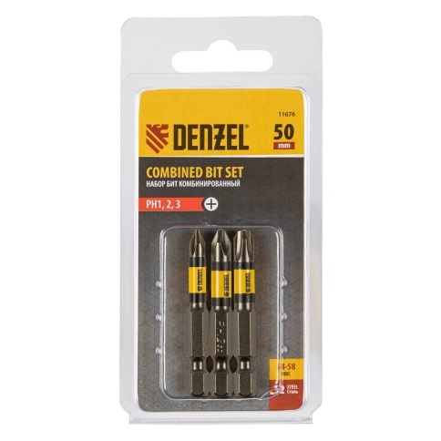 Набор бит шестигранный профиль РН1,РН2,РН3 50 мм сталь S2 3 шт. Denzel фото 1