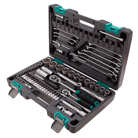 Набор инструментов 82 предмета 1/2, 1/4 CrV пластиковый кейс Stels фото 2