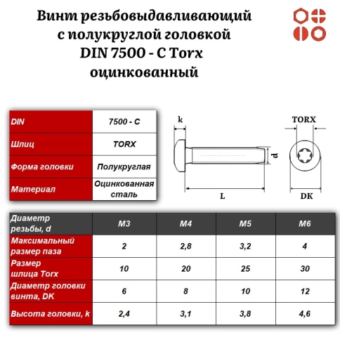 Винт резьбовыдавливающий DIN 7500 С Torx М4х12 оцинкованный, 3500 шт. фото 3