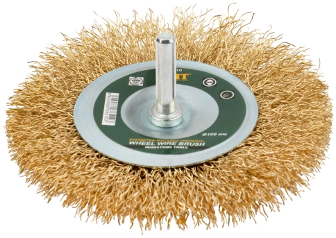 Корщетка-колесо, со штифтом, стальн.латунир.волнист.проволока 100 мм фото 1