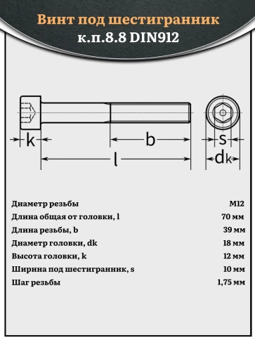 Винт под шестигранник НР 12х70 мм ОЦ к.п.8.8 DIN912, 10 шт. фото 2
