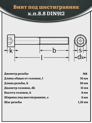 Винт под шестигранник НР 8х70 мм ОЦ к.п.8.8 DIN912, 10 шт. фото 2
