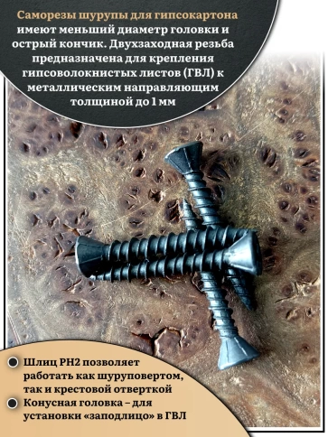Саморез для крепления ГВЛ (гипсокартон) 3,9х35, чёрный фото 9