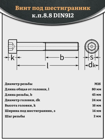Винт под шестигранник НР 16х80 мм ОЦ к.п.8.8 DIN912, 2 шт. фото 2