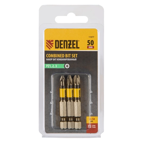 Набор бит шестигранный профиль РZ1,РZ2,РZ3 50 мм сталь S2 3 шт. Denzel фото 1