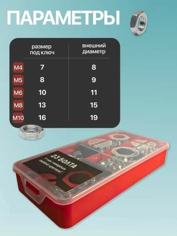 Гайки ОЦ DIN934 М4,5,6,8,10 в органайзере НАБОР 1 фото 3